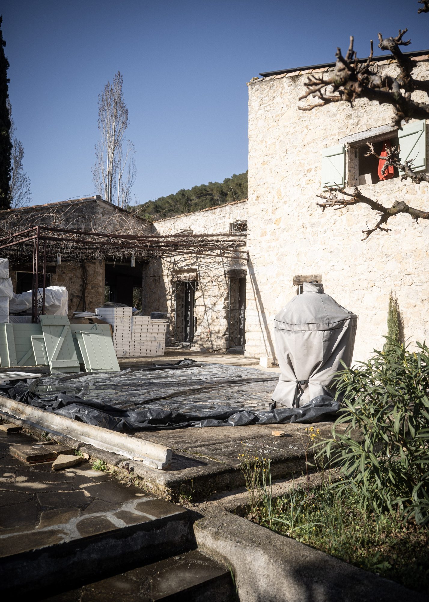 Driveway — works in progress, with the existing fountain in the distance